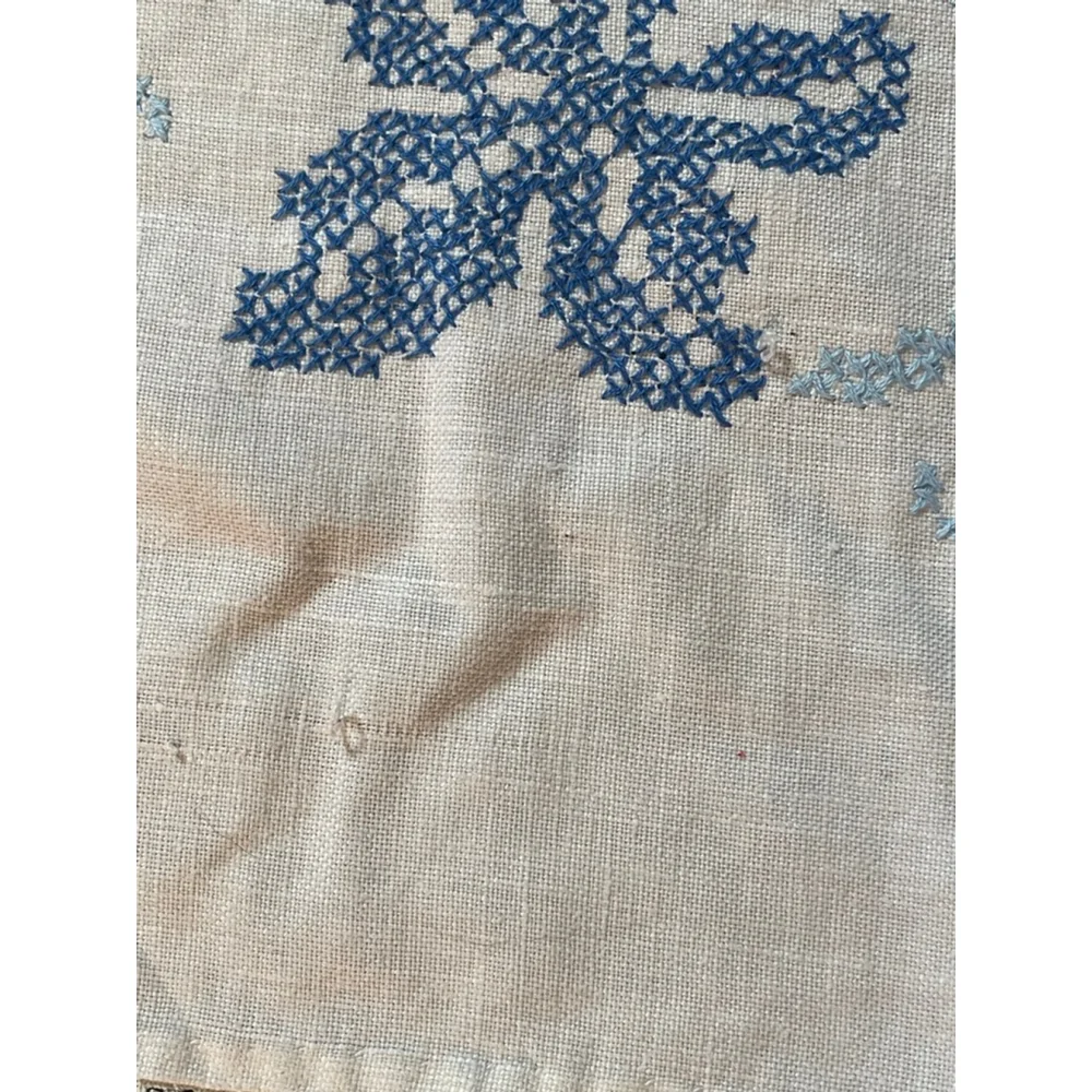Vintage Linen Table Topper Blue Cross Stitch Floral Lace Trim 34x34 Cottage